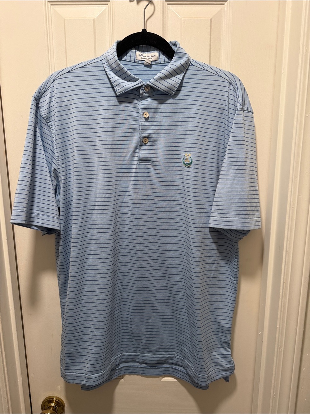 Peter Millar Sky Blue Polo with Thin Navy Stripes
